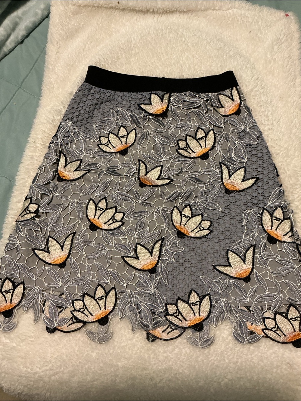 Floral Lace A-Line Mini Skirt Silver & Peach Overlay